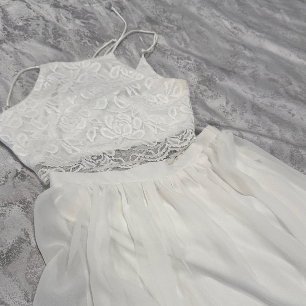Lulu’sWhite Maxi Skirt and lace top  - Elegant Flowing Skirt with slit - medium